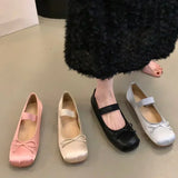 Bjlxn Luxury Satin Silk Ballet Shoes Woman Classic Square Toe Bowtie Elastic Band Ballerina Flats Ladies Soft Loafers