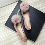 Bjlxn Women Flats Furry Ball Sweet Flat Shoes for Women Spring Summer Casual Shoes Slip on Loafers Scoop Shoes Soft Sole Comfortable