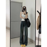 Bjlxn - Harajuku Retro Women's High Waist Wide Leg Jeans Autumn Winter Thin Vintage Straight Leg Pants Fashionable Floor Mopping Jeans