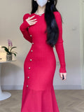 Bjlxn Korean Chic French Knitted Dress Women High Waist Fishtail Dresses Autumn Winter Long Sleeve Elegant Bodycon Dress Vesstidos