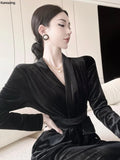 Bjlxn Women Spring New Elegant Long Sleeve Vintage Velvet Bodycon Jumpsuit Office Lady Casual Slim Clothing