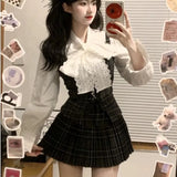 Bjlxn Autumn Korean Retro Sweet 3 Piece Set Women White Shirt + Strap Vest + Pleated Skirt Design College Style Fashion Y2k Suit 2024