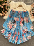 Bjlxn Sexy Slash Neck Spaghetti Strap Mini Chiffon Dress Women Summer Vacation Beach Flare Long Sleeve Ruffle Blue/Green Vestidos New