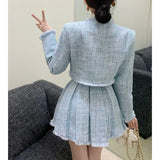 Bjlxn High Quality Tassel Design 2-Piece Sets Women Tweed Autumn New Solid Outfits Long Sleeve Short Jacket Coat + Pleated Skirt Suits