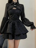 Bjlxn Black Sexy Lolita Dress Women Gothic Vintage Mini Dresses Harajuku Halloween Cosplay Costumes Long Sleeve Fairy Dress