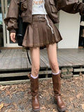 Bjlxn Vintage Y2k Leather Skirt Women Sexy Punk Pleated Skirt Brown Retro High Waist Fashion Streetwear A-line Mini Skirts