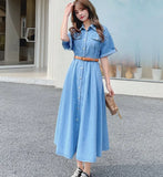 Bjlxn Casual Women Denim Dress Elegant Fashion Short Sleeve Turn-Down Collar Single Breasted High Waist Vintage Dress Female