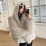 Bjlxn Winter Faux Fur Coat Women Hooded Loose Long Sleeve Outerwear High Street Luxury Fur Jacket Female Fashion Overcoats 2024 New