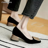 Bjlxn Square Heels Women's Summer Footwear Office Black Medium Heel Casual Pumps Slip-on Luxury Shoes for Woman 34