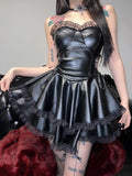 Bjlxn Gothic Pu Dress Women Coquette Streetwear Y2k Strapless Lace Trim Hollow Out High Waist Lace-up Corset Dress Partywear