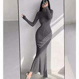 Bjlxn Autumn New Solid Bodycon Midi Dresses for Women Long Sleeve Zipper Design Slim Mermaid Dress Casual Party Bandage Dress Vestidos