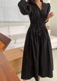 Spring French Robe V-neck Fold Waist Slim Dress Women Puffed Sleeve Solid Color Mid-length Dresses for Women Vestidos