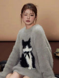 Bjlxn American Retro Cartoon Cat Bow Plush Sweater Sweater Women Y2K Korean Autumn and Winter Sweet and Spicy Jacquard Loose Pullover