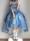 Bjlxn - Blue Flower Wedding Dress College Dress Dress Lolita Heavy Industry Trailing Umbrella Princess Party Birthday Dress for Women