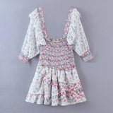 Bjlxn Floral Prints Ruffled Holiday Dress Square Neck Smocked Sexy Laides Dress Mini Dress Autumn