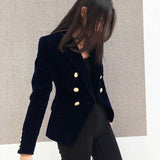 New Spring Fashion Women Midnight Navy Slim Velvet Blazer Office Lady Double Breasted Suit Jacket Coat Female Party Clothes Gift