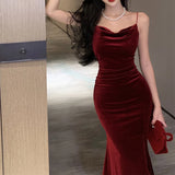 Bjlxn Vintage Sexy Club Prom Red Dresses for Women Spaghetti Strap Slit Velvet Dress Beach Bandage Bodycon Midi Dress Party Elegant