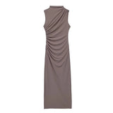 Bjlxn  Spring And Summer Women's New Fashionable Temperament Solid Color Pleated Decorative Dress