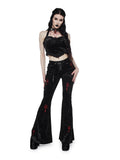 Bjlxn Mall Gothic Velvet Flare Pants Women Streetwear Harajuku Cross Embroidery High Waist Pants Aesthetic Y2k Punk Trousers