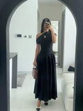 Bjlxn Elegant Sleeveless Backless Irregular Ruffle Slim Fit Dress Women Slash Collar Black High Waist Long Dresses Lady Holiday Robes