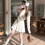 Bjlxn Autumn Preppy Style Knitted 2-piece Sets Women O-neck Long Sleeve Top Pleated Mini Skirt Korean Fashion Casual Outfits New Suit