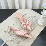 Bjlxn Fairy Style Pink Cool Slippers for Women's Summer 2024 French Pointed Bow Hollow High Heels, Half Wrapped Women's Slippers