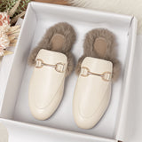 Bjlxn winter women's plush outdoor slippers mules Metal British style Genuine fur rabbit flats Ladies casual shoes