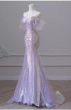 Purple Laser Sequin Beaded Mermaid Women Evening Dress with Puff Sleeves Tassel Pearls Tulle Train Prom Gown