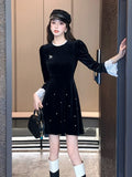 Bjlxn Woman Spring Summer New Elegant Velvet Mini A-line Dresses Long Sleeve  Party  Fashion One Piece Robe