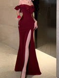 Bjlxn Sexy Bodycon Long Dresses for Women Wedding Evening Party Prom Robe Ruffles Slash Neck High Split Hollow Out Summer New Vestido