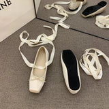 Bjlxn Elegant Flower Bow Ankle Strap Ballet Flats Square Toe Design Lolita Shoes Light Comfortable Cute Shoes Ballerina Ladies Casual