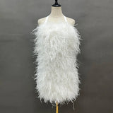 Bjlxn Lady Fashion Summer Feather Dress Sexy Backless Women's Dress Strap Medium Length Ostrich Feather S5659