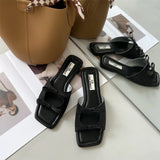 Bjlxn Summer Women Flat Slippers Candy Leather Women Simple Bow Shoes Open Toe Square Head Slippers Women 2024 New French Beach Shoes