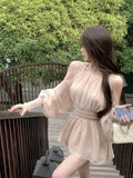 Bjlxn Sweet Bubble Sleeve Two Piece Set Women Off Shoulder Blouse Hollow Out Elegant Shirts Loose High Waist Shorts Summer Suits