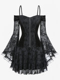 Bjlxn  Punk Dresses For Girls Black Gothic Flare Sleeves Cold Shoulder Floral Lace Mesh Flocking Velvet Patchwork Ruched Dress