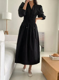 Spring French Robe V-neck Fold Waist Slim Dress Women Puffed Sleeve Solid Color Mid-length Dresses for Women Vestidos