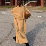 Bjlxn Women Elegant Long Woolen Coat with Belt Autumn Winter New Fashion Solid Lapel Long Sleeve Chic Outerwear Ladies Casual Overcoat