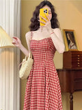 Bjlxn Elegant Plaid Midi Dress Women French Vintage Spaghetti Strap A-line Spring Summer Holiday Beach Style Prom Robe Vestidos Mujer