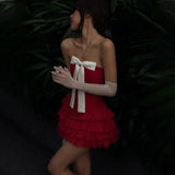 Elegant Bow Detail Sexy Strapless Two Piece Sets Club Outfits for Women Ruffle Red Top and Skirt Matching Sets New