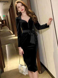 Bjlxn Sexy Elegant Slim Waist Midi Derss Women Vintage Velvet V-neck Vestidos Office Lady Package Hip Pencil Dersses Autumn Clothes