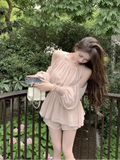 Bjlxn Sweet Bubble Sleeve Two Piece Set Women Off Shoulder Blouse Hollow Out Elegant Shirts Loose High Waist Shorts Summer Suits