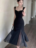 New Summer Black Dress Women Sexy Spaghetti Strap Slim Mesh Mermaid Evening Party Dresses Retro Prom Robe Mini Vestidos Mujer