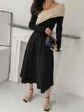 Korean style Sweet Women Long Sleeve V-neck Slim Dress Spring Autumn New Chic Irregular Knitted Stitching A-line Dresses