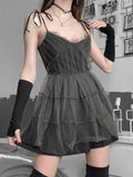 Bjlxn Dark Gothic Elegant Dress Women Emo Alt Vintage Mesh Patchwork Lace Up High Waist Dress Y2k Harajuku Mall Goth Partywear