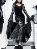 Bjlxn Aesthetic Gothic Midi Dress Women Vintage Elagnt Lace Patchwork See Through Flare Sleeve High Waist Clubwear Dress Femme