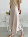 Bjlxn Summer Spring Women Elegant High Waist Satin Skirt Female Casual A-Line Midi Silk Fashion Skirt