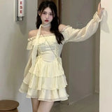 Bjlxn Elegant Mini Dresses Woman Solid Off Shoulder Ruffles A-line Long Sleeve Lace-up Short Party Dress Korean Fashion One Piece New