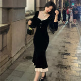 Bjlxn Elegant Black Velvet Midi Dresses for Women Square Collar Slim Bodycon Ruffles Patchwork Fishtail Autumn New Evening Party Dress