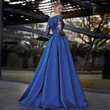 Classy Royal Blue Mother of the Bride Dresses Long Sleeve Satin A-Line Wedding Guest Sequin Appliques Prom Gown