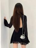 Bjlxn Backless Black Dress Women Elegant Back Hollow Out Lace-up Long Sleeve Mesh Patchwork Sexy Slim Ruffle Mini Dress Party